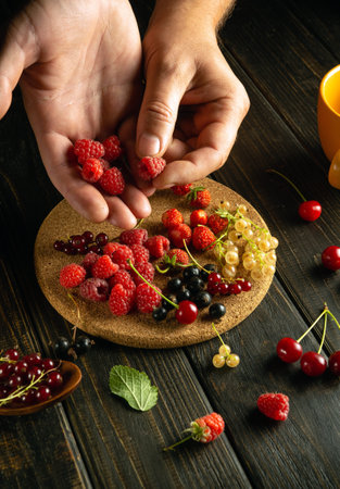 Men's hands sort fresh berries before preparing fruit drink or compote on the kitchen table. vitamin...