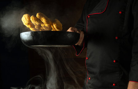 The chef prepares crispy nagits in a steamed hot pan. Recipe for delicious food and dishes on a...