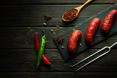 Meat sausages on a sorting board with pepper and aromatic spices for a quick snack in a restaurant. Space for recipe on black background.の写真素材