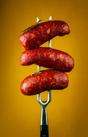 Fried hot sausages with beef on a fork. Delicious lunch concept for hotel or restaurant on yellow background.の写真素材