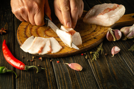 The cook cuts pork lard with a knife on a wooden cutting board. The concept of delicious peasant food lard with garlic for a snack. Copy space.の写真素材