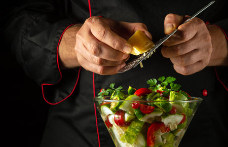 We prepare a healthy salad of fresh vegetables for dinner. The chef adds cheese to a bowl of vegetables. Vegetarian food concept in hotel kitchen.の写真素材