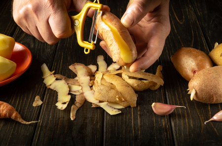 The chef peels potato for mashed potatoes. Vegetable diet idea. Potatoes menu concept on black table.の写真素材