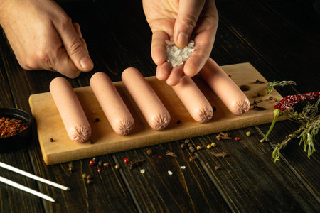 The chef salts sausages on a kitchen cutting board before preparing the grill. Cooking a delicious lunch with Munich sausages.の写真素材