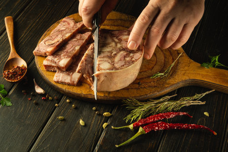 Chef cuts brawn into pieces with a knife on a kitchen wooden board before preparing breakfast...