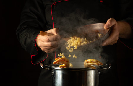 A chef in a black uniform adds pasta to a pot of boiling chicken legs. Preparing a delicious soup or...