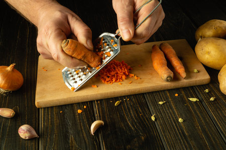 Close-up of a chef's hands grating raw carrots to prepare a vegetarian lunch. Vegetable menu concept...
