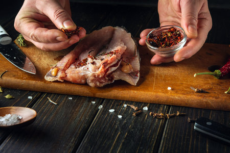 Cooking cut fish fillet by the hands of a chef on the kitchen table. Adding spices for taste and aroma to Hake fish.の写真素材