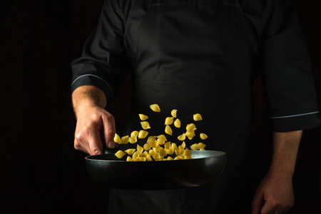 The cook prepares a healthy breakfast of pasta in a frying pan. Healthy vegetarian food and dishes recipe. Place on a dark background for the recipe.の写真素材