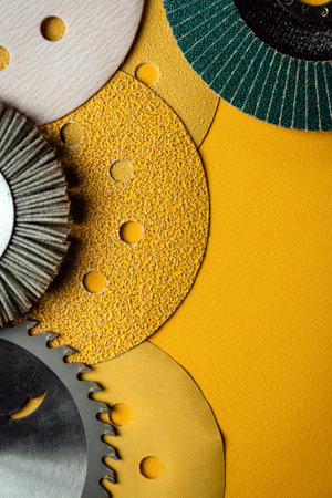 Set of abrasive tools and sandpaper used for cleaning or grinding products. Advertising space.の写真素材