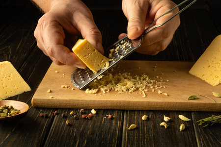 Male hands grate hard milk natural cheese on a cutting board with a grater before preparing a dish....
