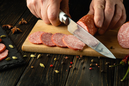 A knife in the hand of a chef for cutting salami sausage on a kitchen cutting board. Idea for...