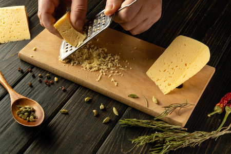 The chef grates Parmesan cheese before preparing dinner. Concept of preparing a cheese dish on the kitchen table.の写真素材