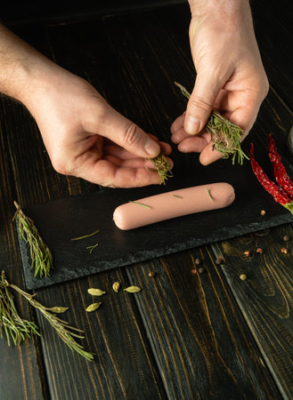 The chef is preparing milk sausage with rosemary on the kitchen table. A cook adds rosemary to a raw sausage by hand before baking. Free space for advertising.の写真素材