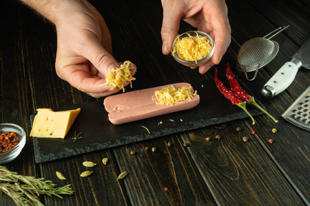 For lunch, prepare Bavarian milk sausage. Chef hands add cheese to sausage on kitchen table before grilling. Free space for advertising.の写真素材