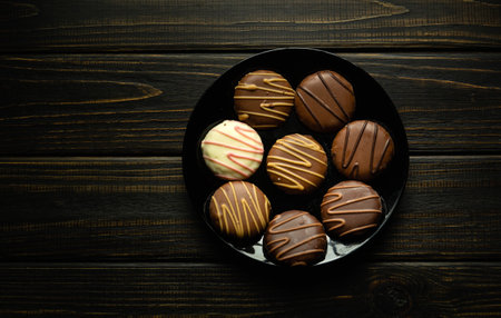 Round cookies with white and dark chocolate or chocolate brownie on a black plate. Delicious dessert...