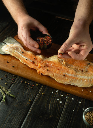 The chef uses his hands to add dry aromatic spices to raw fish fillets on the kitchen table. Concept of preparing fish herring in restaurant or pub kitchen.の写真素材