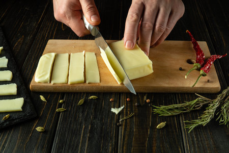 Hands of a chef with a knife cut Mozzarella cheese on the cutting board of the restaurant kitchen for preparing snack sandwiches. Delicious snack for dinner. Black space for recipe.の写真素材