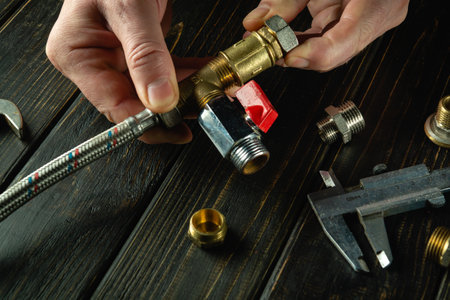 Master plumber connects brass fittings to a plumbing faucet. Installation of gas equipment. Close-up...