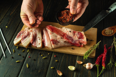 The chef seasones lard with spices on a wooden cutting board. Concept of preparing delicious pork lard with garlic for appetizer or snack.の写真素材