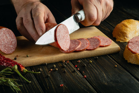 Male hands cut meat sausage with a knife on a wooden cutting board. Low key concept of preparing...