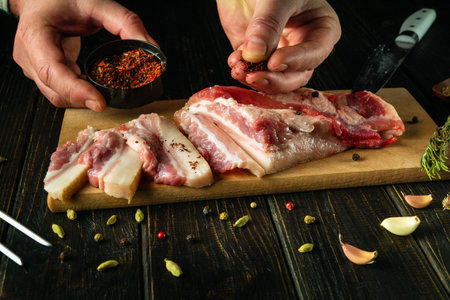 Add seasonings to chopped pork lard by hand. Cooking snacks on the kitchen table with the hands of a chef.の写真素材