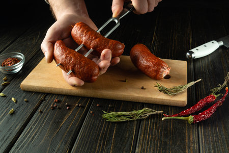 Preparing to grill sausages. Stringing Munich sausages on a fork by the hands of a cook on the kitchen table. Space for recipe or menu.の写真素材
