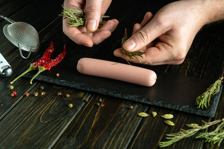 Cooking milk sausage on the kitchen table with the hands of a cook. Adding rosemary to sliced cooked sausage before table sorting. The concept is low key for serving a delicious dinner.の写真素材