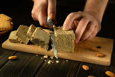 Close-up of a man hands using a knife to cut halva on a cutting board. Sweet and tasty breakfast concept with sunflower halva and tea at home.の写真素材