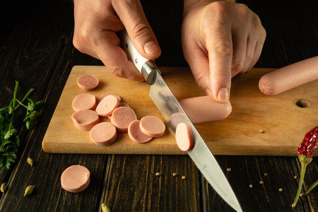 The cook cuts vienna sausage on a wooden cutting board. Preparing delicious sandwiches for breakfast on the kitchen table in a restaurant.の写真素材