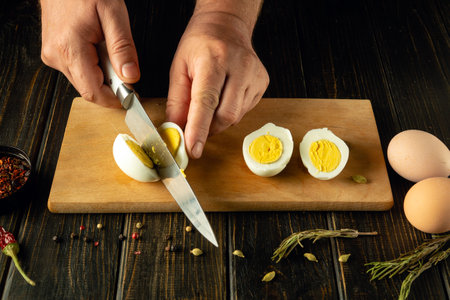 Slicing eggs with a knife in the hands of a man. Low key concept of preparing breakfast from eggs on the kitchen table. View from above.の写真素材