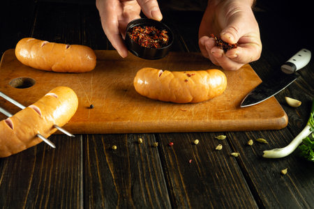 Cooking sausages for grilling by the hands of a chef on the kitchen table. Add aromatic spices to the sausages.の写真素材