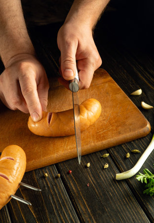Hands of a chef using a knife to cut Vienna sausage on a kitchen cutting board. The concept of cooking a delicious grill with sausages and aromatic dry spices.の写真素材