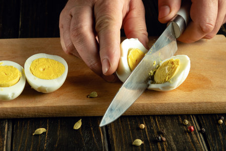 Preparing an eggs dish for dinner. A man hands use a knife to cut an egg on a wooden board.の写真素材