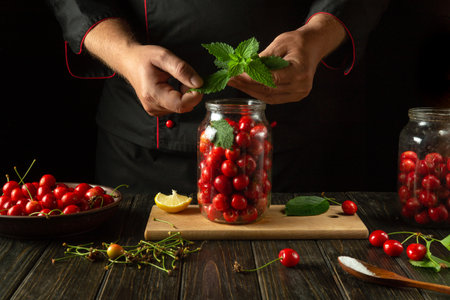 Adding aromatic green mint to a jar of cherries by hand before canning. Concept for making a delicious sweet cherry compote.の写真素材
