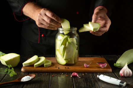 Chef hands filling jar with chopped vegetable marrow before canning with spices on kitchen table. Concept of pickling tasty zucchini.の写真素材
