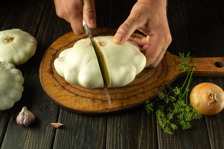 A knife in a man hands slicing zucchini on a wooden kitchen board before preparing a tasty and...