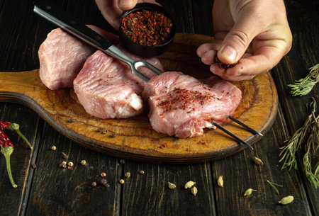 The chef prepares meat steaks for baking. Adding aromatic spices to meat before grilling. Cooking barbecue according to an Asian recipe.の写真素材