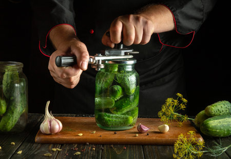 Cooking pickled cucumbers in a jar by an experienced chef on the kitchen table. Manual seaming key in the hands of the cook.の写真素材