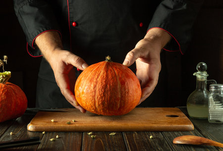 Chef preparing a large orange pumpkin on the kitchen table. The process of preparing pumpkin before baking with aromatic spices.の写真素材