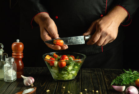 Knife in chef hand for cutting tomatoes. Cooking vegetable mix on kitchen table by cook hands.の写真素材