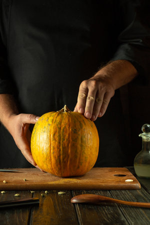 Chef prepares a large ripe pumpkin with spices on the kitchen table. Low-key concept of a fruit diet or cooking a dish with pumpkin.の写真素材
