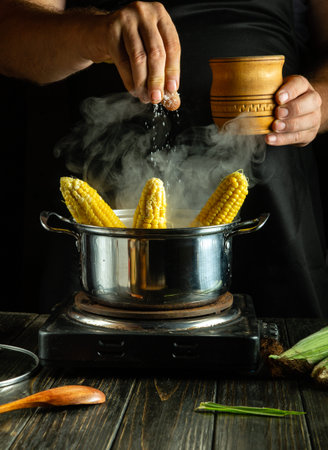 Cooking boiled corn in the kitchen. The cook throws salt into a pot of boiling corn.の写真素材