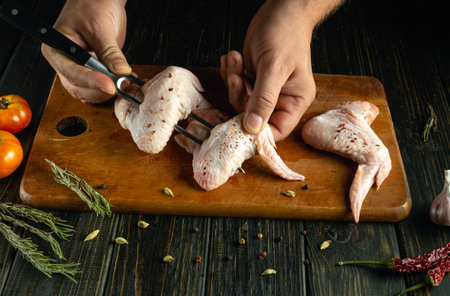 Cooking chicken wings by hands of a cook. Preparing wings on a kitchen table for grilling. Fork in hands of a chef.の写真素材