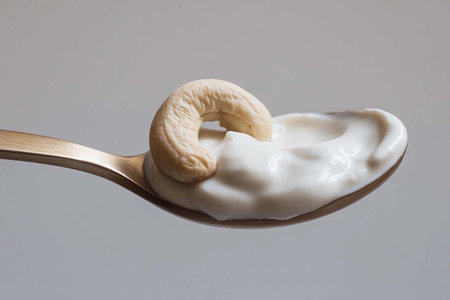 A spoonful of creamy yogurt topped with a single cashew nut creates a delightful fusion of flavors and textures in natural light. Generative AIの素材