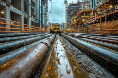 Heavy machinery works on construction site amidst wet piping and towering frameworks. Generative AIの素材