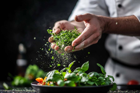 A culinary artist sprinkles fresh herbs over a vibrant salad in a sleek kitchen during a sunny afternoon prep session. Generative AIの素材