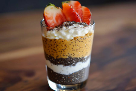 Delicious layered dessert in a glass with strawberries, cream, and chia seeds enjoyed on a wooden table. Generative AIの素材