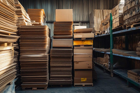 Stacks of cardboard boxes rise high in a well-organized warehouse, where natural light filters through the space, illuminating the textures and colors of the materials.の素材