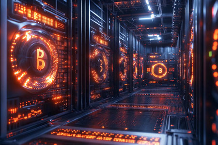 A striking view of a high-tech cryptocurrency mining facility, where glowing circuits and vibrant lights create an otherworldly atmosphere, illustrating the intricate world of digital currency.の素材